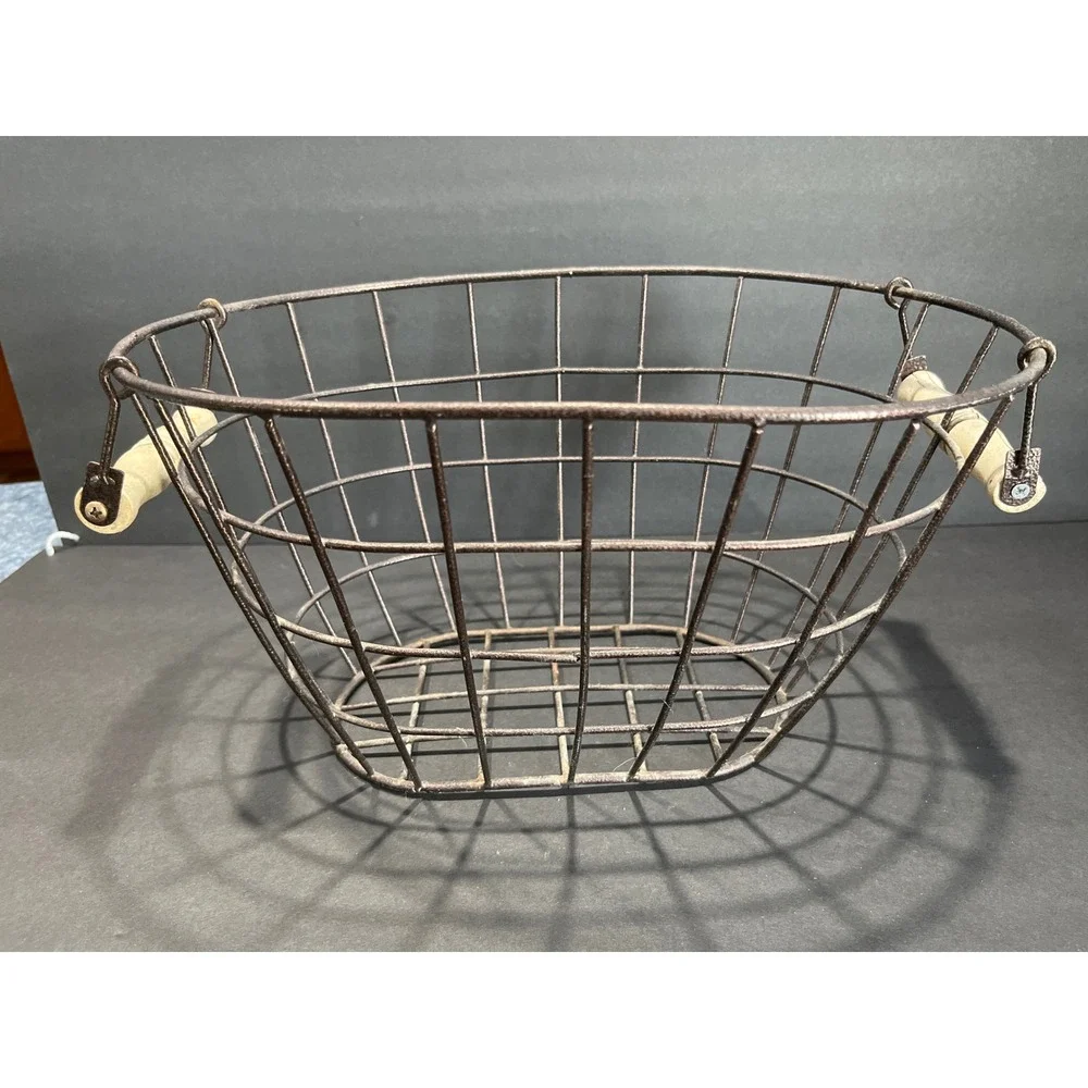 Vintage Rustic Metal Wire Basket with Wood Handles Oval Farmhouse Storage